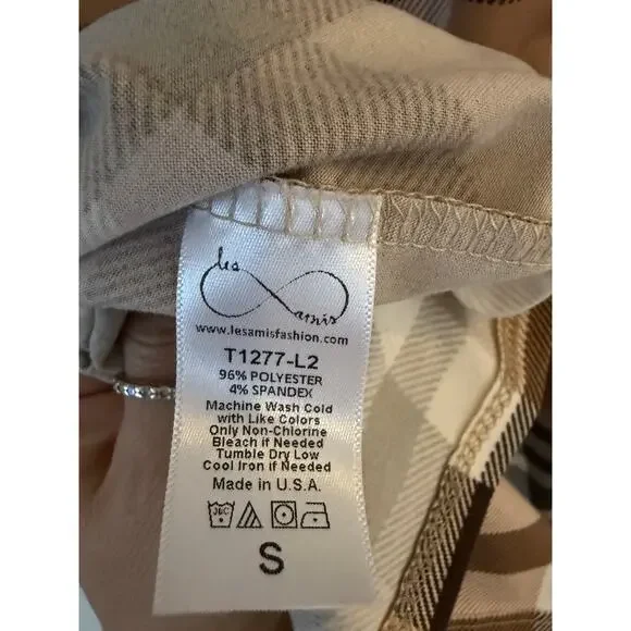 Les Amis Plaid Puff Sleeve Top Brown Beige Check Blouse Size Small - Picture 4 of 6